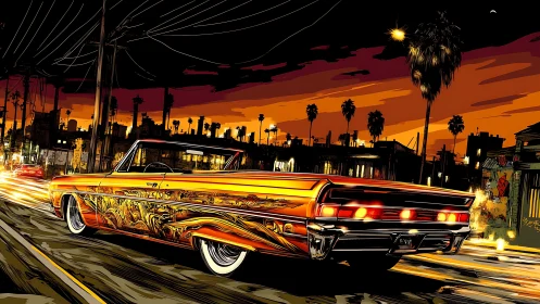 Chrome lowrider blazing through neon sunset streetscape.