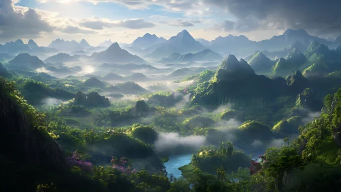 Volumetric dawn over fractal jungle karst valley basin.