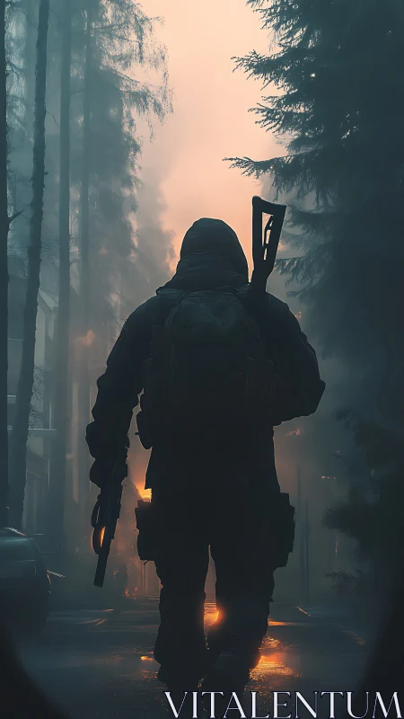 Lone wanderer crossing a misty forest street at dawn.