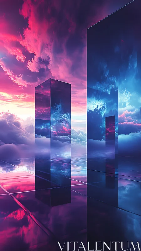Dreamlike mirrored towers glowing in a neon twilight sky.