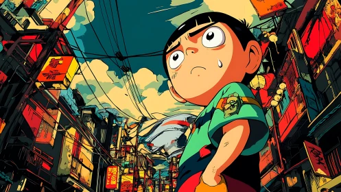 Determined boy confronts neon alley under storm-lit sky.