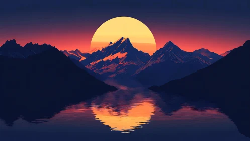Low-poly alpine range with oversized sun over reflective lake