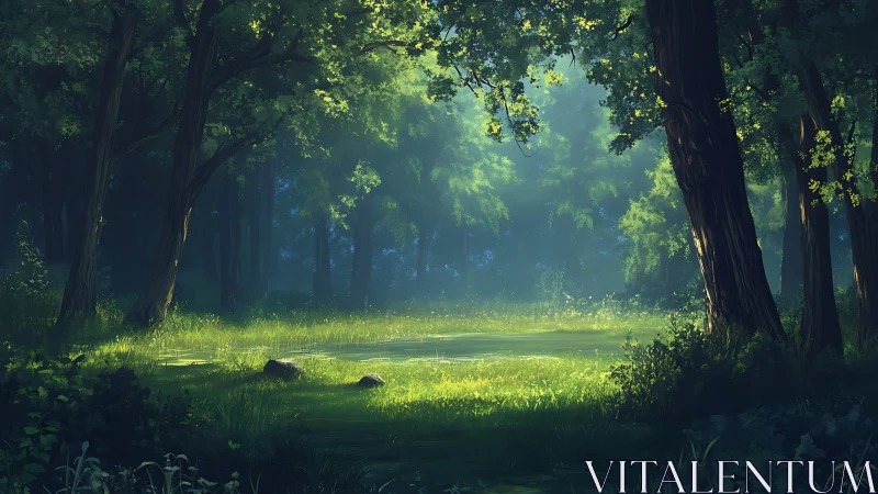 Enchanted Forest Glade Illuminated Through Volumetric Canopy.