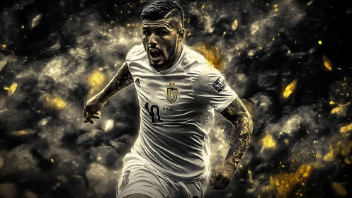 Dynamic soccer star charging through glowing golden haze.