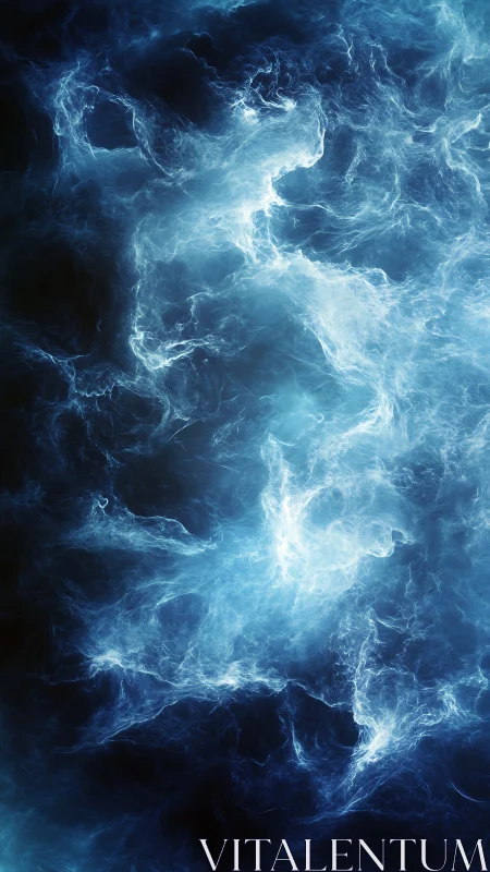 Plasma-like blue nebular turbulence with luminous energy filaments.