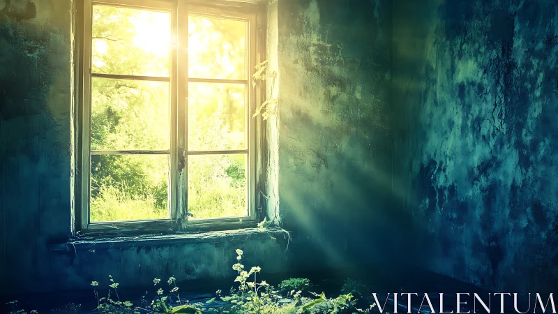 Sunlit window cuts through decayed teal interior wall