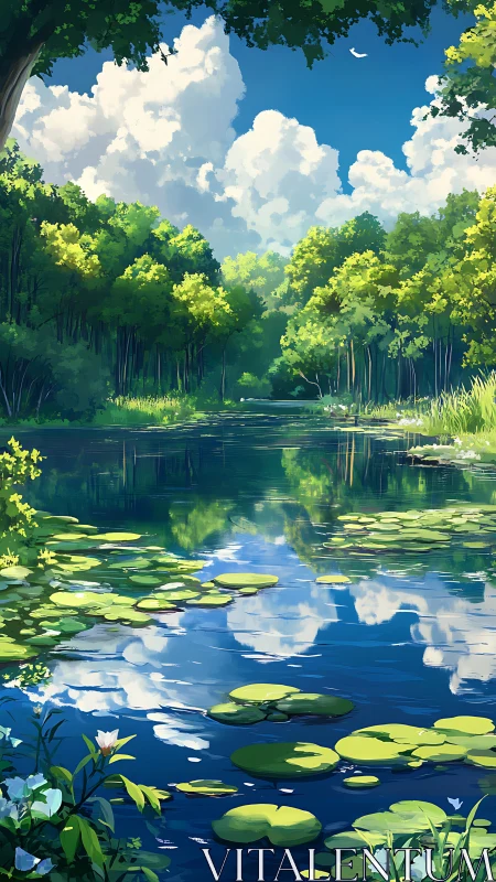 Lily-covered forest pond under towering cumulus clouds