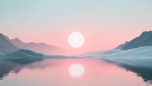 Softly lit low-poly mountains encircle reflective pastel water plane