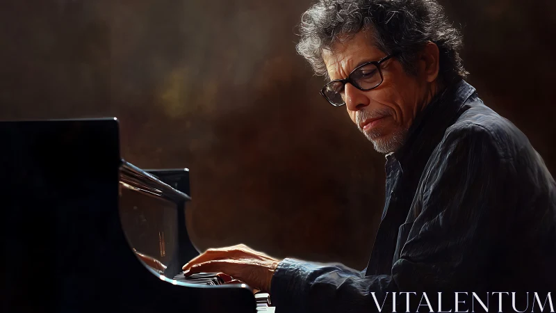 Expressive jazz pianist rendered in moody digital chiaroscuro