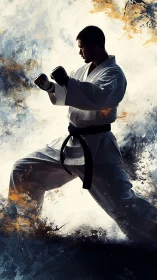 Martial artist in fighting stance amid abstract energy storm.