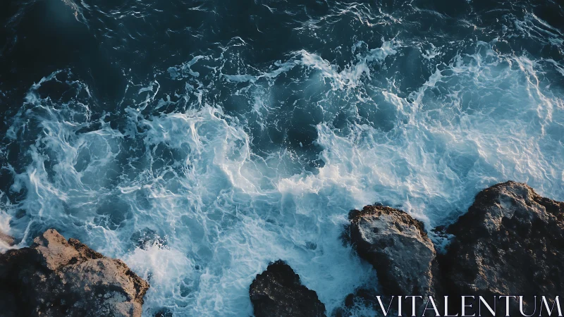 Overhead view captures wave turbulence impacting coastal rock shelf