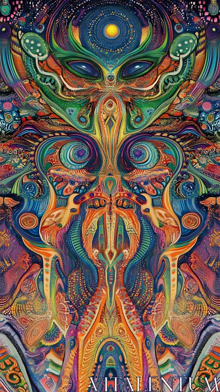 Psychedelic cosmic entity emerges in swirling neon symmetry