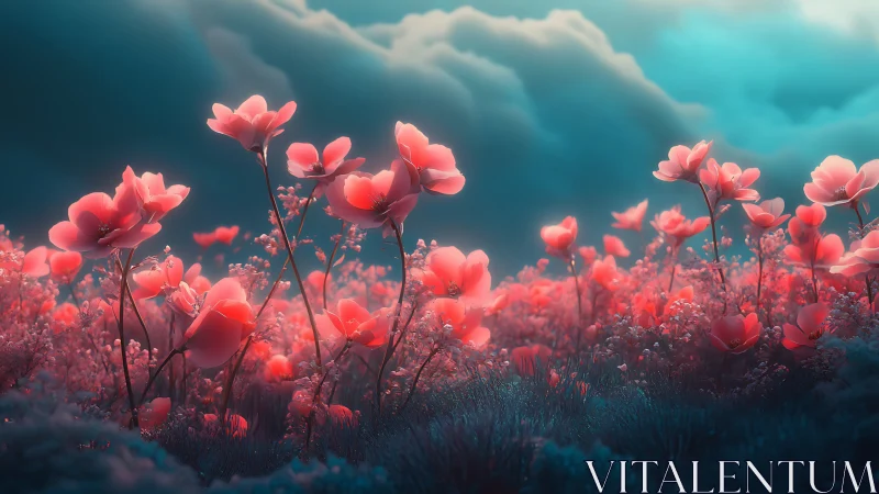 Red flowers field landscape with dramatic sky formation.
