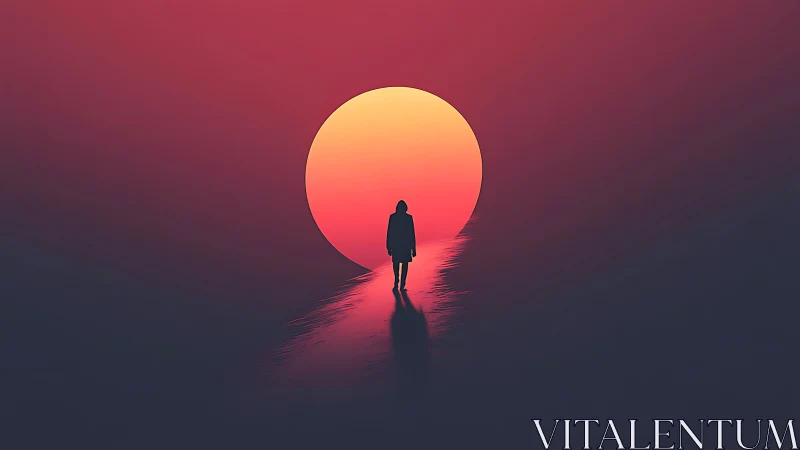 Silhouetted figure aligned with oversized setting sun orb.