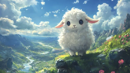 Fluffy lamb overlooking vast fantasy valley under sunlight.