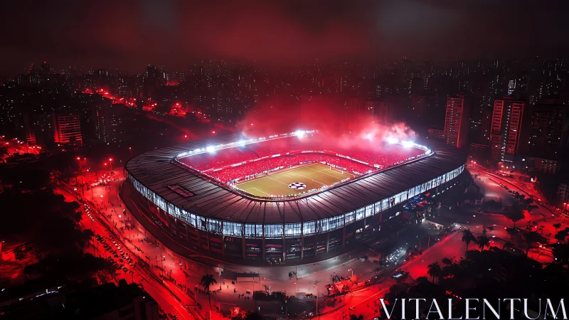 Glowing night stadium welcomes passionate city football fans