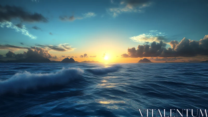 High-dynamic-range ocean sunset with volumetric clouds and waves