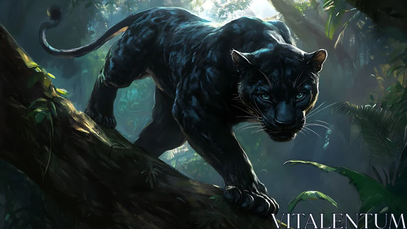 Melanistic Feline Predator in Arboreal Jungle Environment with Luminous Atmospheric Depth