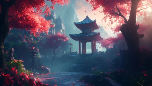 Gentle temple garden glows under drifting pink blossoms