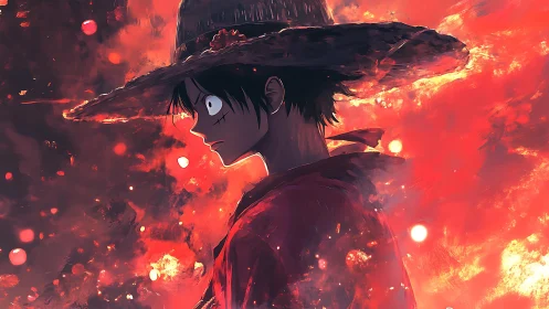 Straw hat anime boy in profile against fiery red sky.