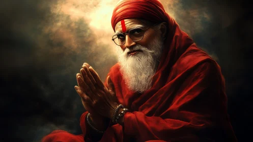Devotional elder in red robes under dramatic chiaroscuro light
