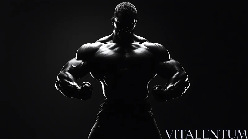 Silhouetted bodybuilder showcases extreme muscular definition.