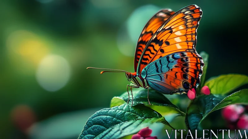 Brilliant orange butterfly rests softly on lush green leaves