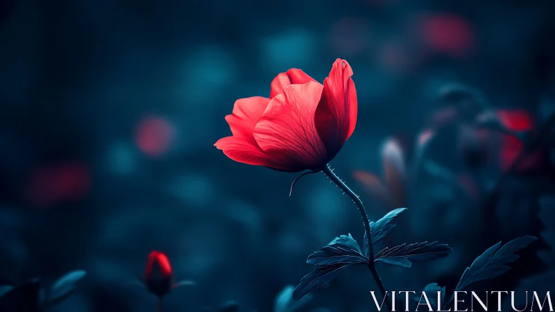 Red Cosmos Flower with Deep Blue Bokeh Background.