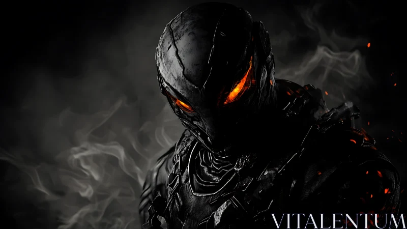 Armored cybernetic sentinel glares with molten ember eyes