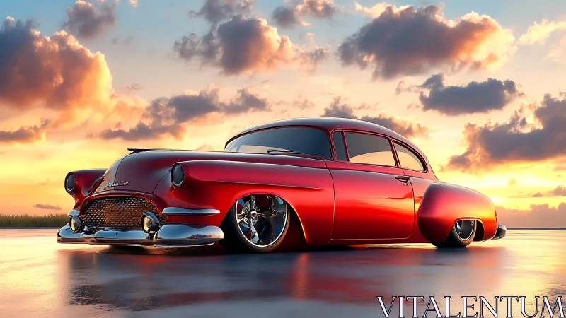 Lowrider custom coupe rendered on reflective sunset salt flat