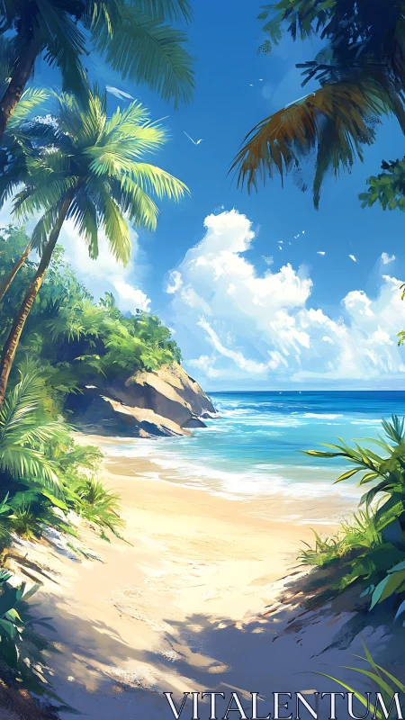 Tropical Beach Cove with Palm Trees and Rocky Formation.