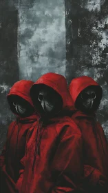 Triad of red hooded plague masks in vertical dystopian frame.
