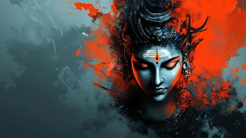 Divine blue visage emerges amid fiery abstract splashes.