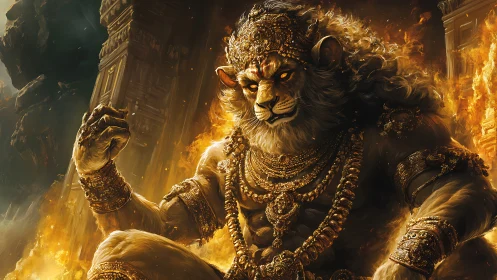 Lion-headed armored deity amid burning temple ruins.