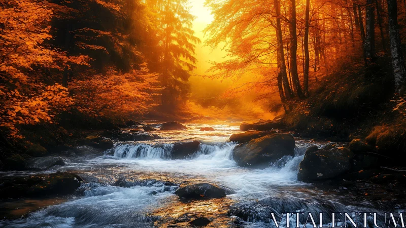 Autumn forest river with rocks under intense orange backlight.