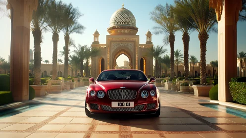 Red grand tourer framed by Islamic palace archway at dawn
