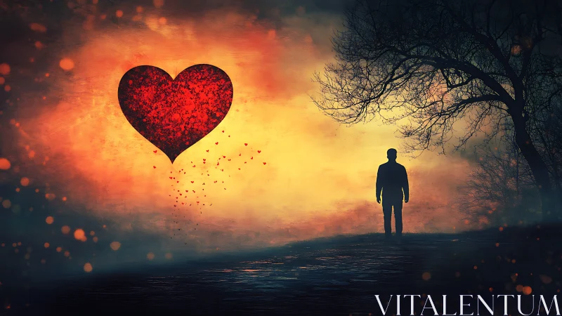 Silhouette figure facing large textured heart at sunset sky.