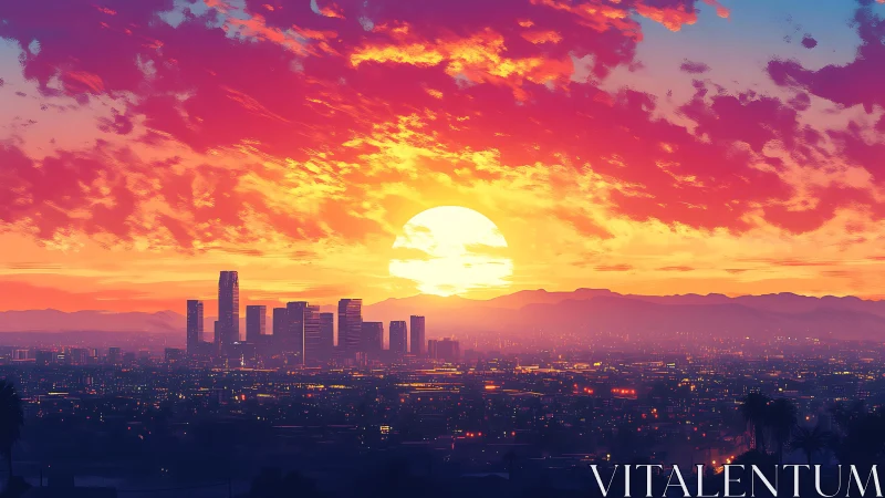 Radiant city sunset glowing over a peaceful evening skyline.