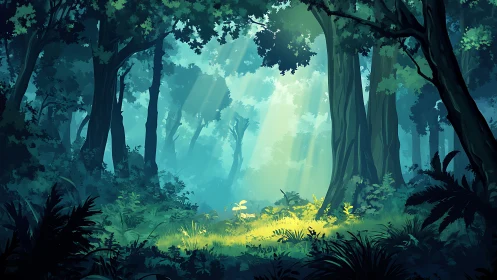 Dense forest clearing with atmospheric light penetration