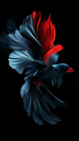 Crimson blue bird unfolds sculpted wings in darkness.