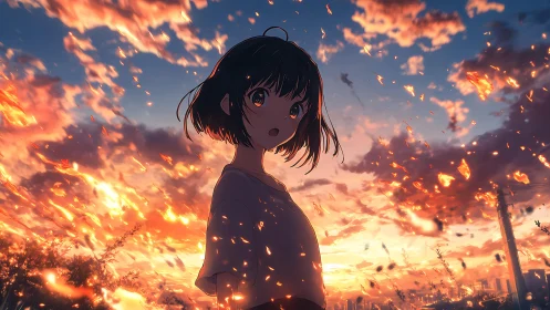 Sunlit anime girl amid fiery sunset embers in motion.
