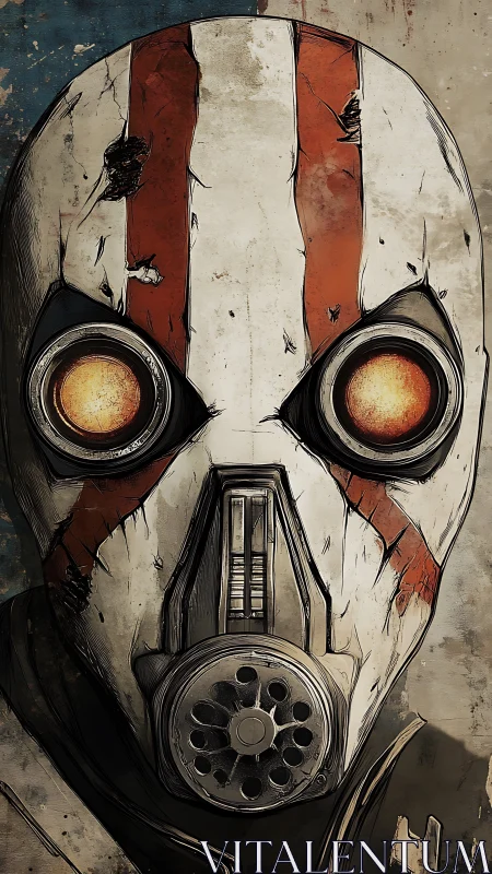 Weathered gas mask portrait shows distressed striped respirator helmet