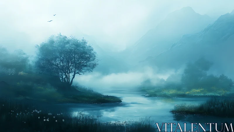 Misty river valley dreams beneath whispering blue mountains.