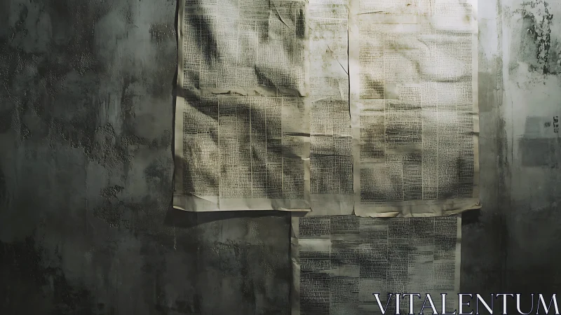 Faded manifesto pages pinned to a shadow-stained concrete wall.