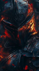 Molten embers illuminate a battle-scarred dark knight helm
