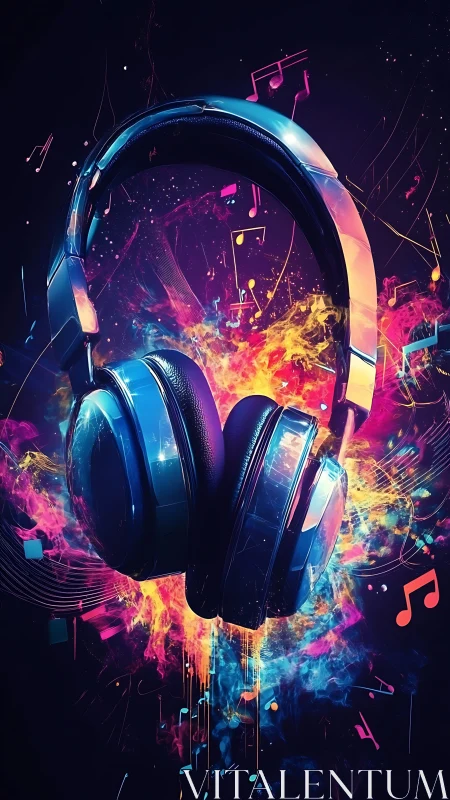 Chromed headphones ignite a neon storm of exploding music