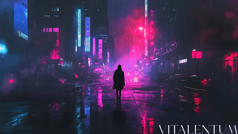 Solitary figure in neon-lit rainy urban street at night period.