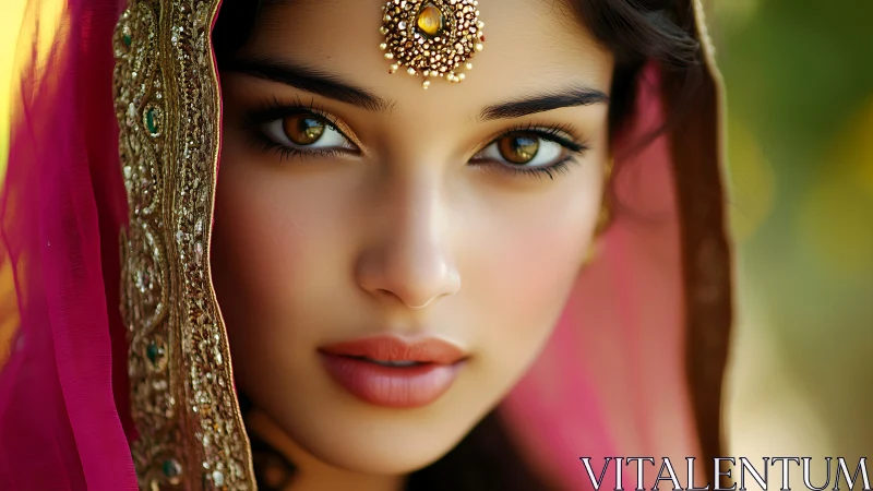 Regal portrait of woman in jeweled veil and warm light.