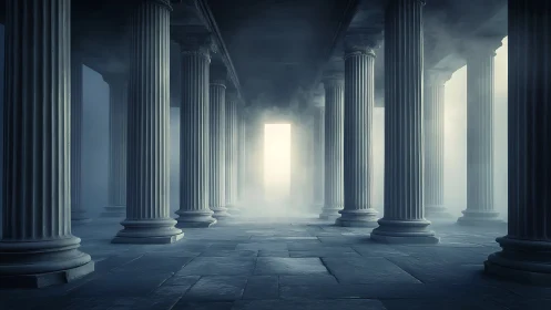 Misty colonnade hallway with distant glowing doorway.