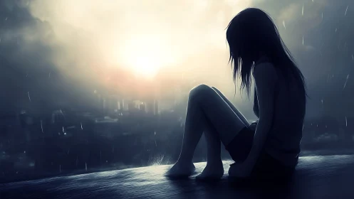 Rain-soaked rooftop dreamer watches a fading city sunrise